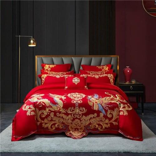Luxury Happiness Dragon Phoenix Embroidery 100%Cotton Chinese Wedding Red Bedding Duvet Cover Bed sheet Pillow shams Queen King