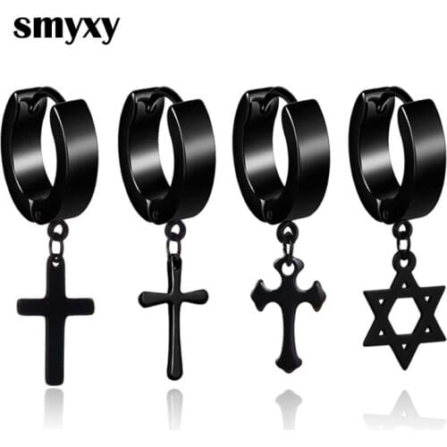 1 Piece Punk Cross Hexagon star Pendant Round Earrings For Women/ Men Simple Stainless Steel Earrings Gothic Street Pop Jewelry