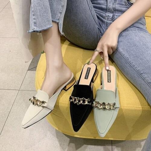 Women Mules Pointed Toe Low Heels Chain Fashion Office Ladies Fashion Pumps Sandals Shoes Autumn PU Office Footwear oiu9drt