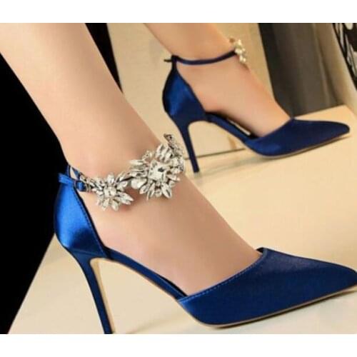 Glitter Rhinestone One Strap Silk Bridal Pumps Women Sexy Pointed toe Wedding Crystal Straps High Heel Fashion Shoes Big Size 45