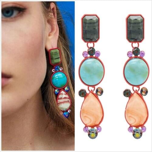 Unique 4 Colors Vintage Ethnic Drop Earrings Long Statement Earrings Geometric Natural Stone Rhinestone Crystal Drop Earrings