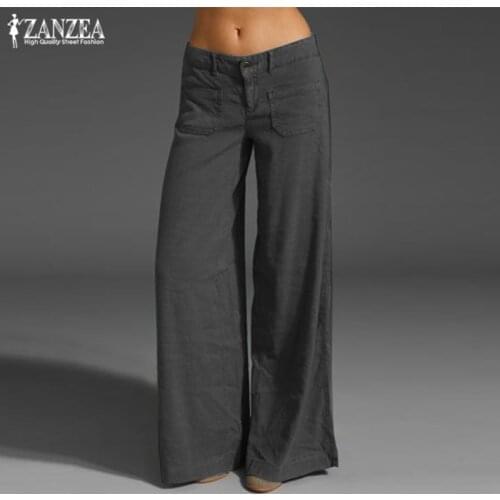 2021 ZANZEA Vintage Elegant Wide Leg Pants Womens Summer Trousers Button Front Zip Turnip Causal Turnip Pantalon 7