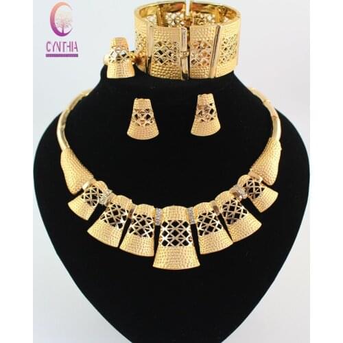 Vintage Women Gold color African Costume Crystal Necklace Bangle Earrings Ring Set Hollow Patterns Beads Jewelry Sets