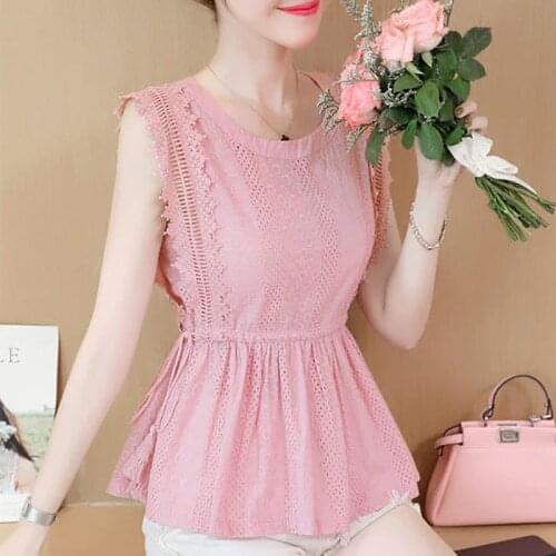 Women Spring Summer Style Lace Blouses Shirts Lady Casual Sleeveless O-Neck Pleated Lace Blusas Tops ZZ0485