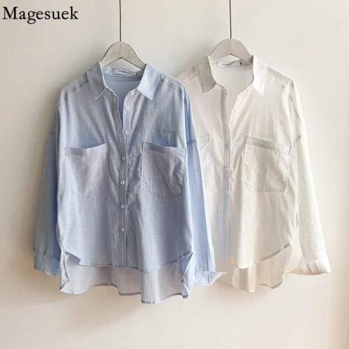 Office Lady Autumn White Shirts for Women 2021 Turn-down Collar New Double Pocket Blouses Cotton Linen Tops Mujer Shirt 16307