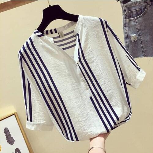 New Summer Women Shirt Plus Size Short Sleeve Loose Casual V-neck Ladies Tops Vertical Striped Blouses Big Size S-5XL