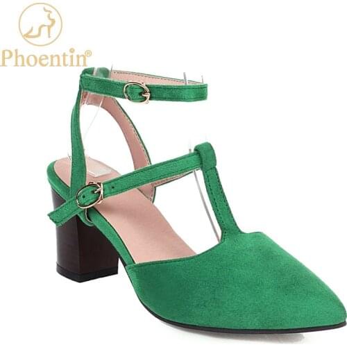 Phoentin green summer shoes women sandals T strap big size shoes woman ankle buckle slingbacks flock female high heels red FT944