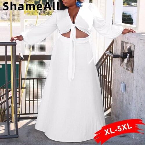 Plus Size Long Sleeve Crop Tops Maxi Skirt 2 Pieces Sets 4XL V Neck Bow Sashes Sexy Cropped Blouse Shirts Skirts Matching Suit