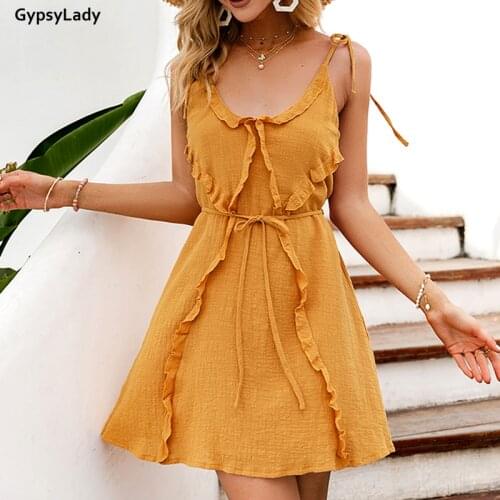 GypsyLady yellow summer Strappy Dress Holiday casual chic Women Mini Dress Sleeveless backless Sexy Chic Ladies Female Dresses