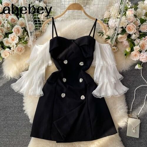 2021 New Summer Women French slash neck flare sleeve Dress high waist pleated waist double breasted short A-line Dress