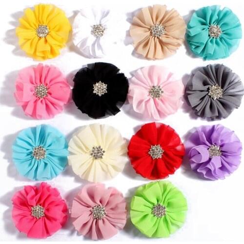 120pcs/lot 6.5cm 15colors Hair Clips Fluffy Chiffon Flowers+Snow Rhinestone Buttons Ruffled Fabric Flowers For Headband DIY