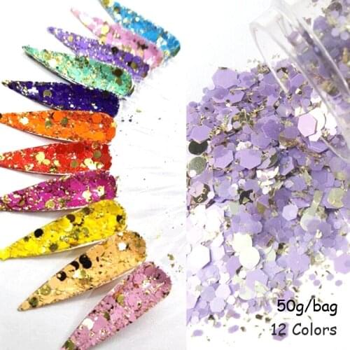 50g/bag--12 Colors Chunky Glitter Tumbler Mixes Hexagon Nail Glitter Loose Sequin Glitter for DIY Nail Art Decoration Phone Case