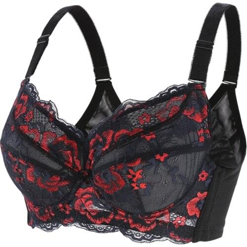Womens Padded Push Up Bra Full Coverage Underwire Lace Floral Embroidery Plus Size Lingerie for Female 38 40 42 44 46 48 E F G H