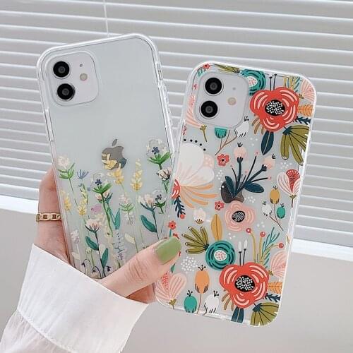 Fashion Flower Leaf Clear Phone Case For iPhone 12 Mini 11 Pro Max XR XS Max 7 8 Plus SE2020 Soft 2 in 1 Shockproof Bumper Cover