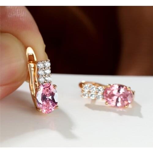 Elegant Pink Zircon Hoop Earrings Luxury Crystal Oval Stone Earrings Vintage Rose Gold Engagement Earrings For Women Bridal Gift
