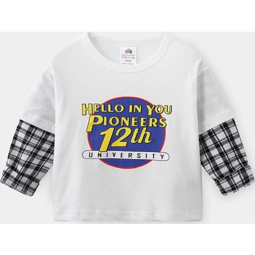 Toddler Boys T-shirts Autumn Fashion Plaid Stitching Sleeve Letter Print Kids Tshirt for Boy Childs Long Sleeve Fake Two Tops