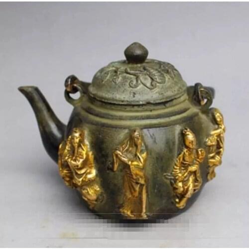 Copper Statue Antique pure copper bronze carved relief gold-plated eight immortals teapot ornaments