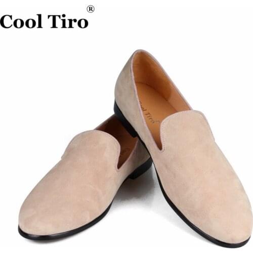 COOL TIRO Beige Suede Loafers Men Smoking Slippers Formal Wedding Dress Shoes Mens Moccasins Genuine leather Casual Shoes Flats