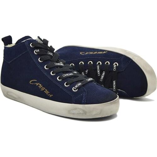 CANGMA Luxury Brand Original Designer Shoes Platform Sneakers Mens Navy Blue Casual Shoes Mid Cow Suede Footwear Male