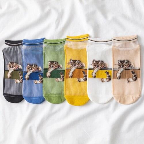 Cat Card Silk Boat Socks Cotton Bottom Socks Ladies Transparent Crystal Stockings Womens Socks Female Woman Girls Socks