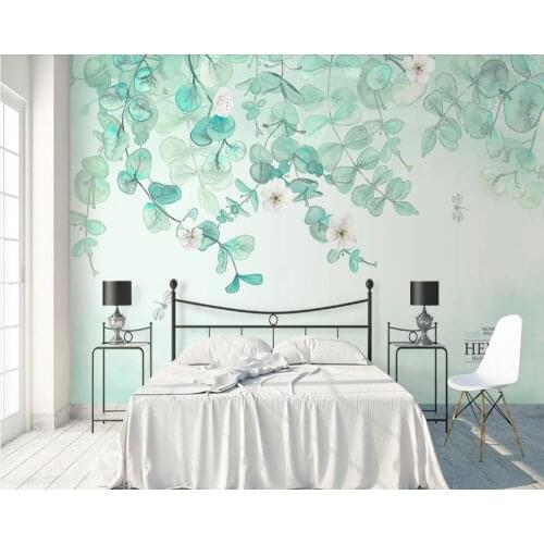 Custom wallpaper Nordic hand-painted small fresh leaves rural style sofa TV background wall-waterproof material