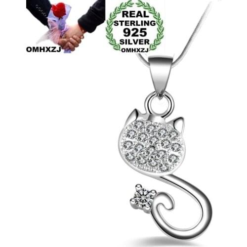 OMHXZJ Wholesale Personality Fashion OL Woman Girl Party Gift Silver Cat AAA Zircon 925 Sterling Silver Pendant Necklace NC83