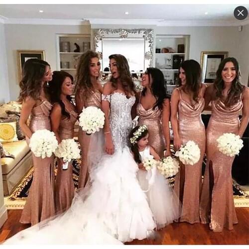 Sequined Rose Gold Side Split Bridesmaid Dresses Spaghetti Straps Sequins Maid Of Honor Dress Beach Cheap