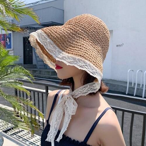 Summer French Style Lace Ribbon Hat Bow Holiday Beach Straw Paper Lady Out Door Travel Leisure Cap Women Bucket Hat Foldable