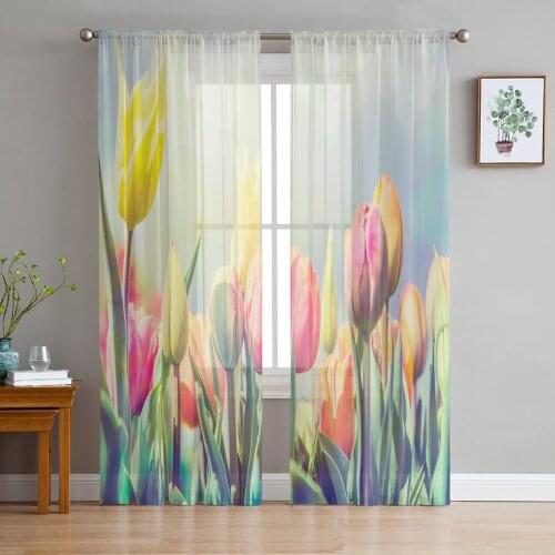 Bedroom Sheer Curtains Tulip Watercolor Living Room Kitchen Window Curtains Garden Terrace Balcony Bedroom Sheer Curtains