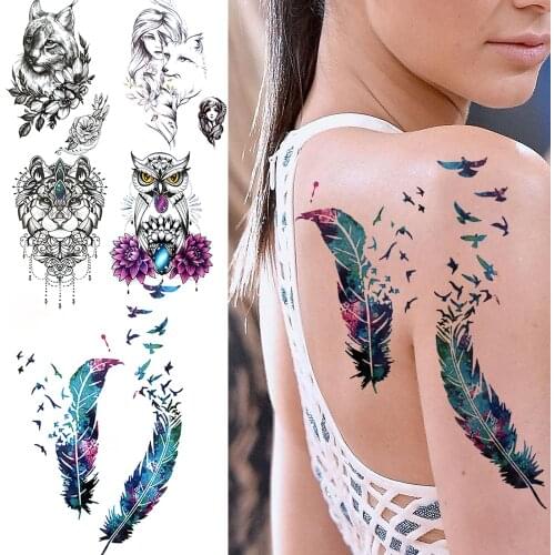 Watercolor Feather Birds Temporary Tattoos For Women Girl Female Realistic Fake Tattoo Bird Owl Lion Fox Sticker Arm Tatoo Thigh
