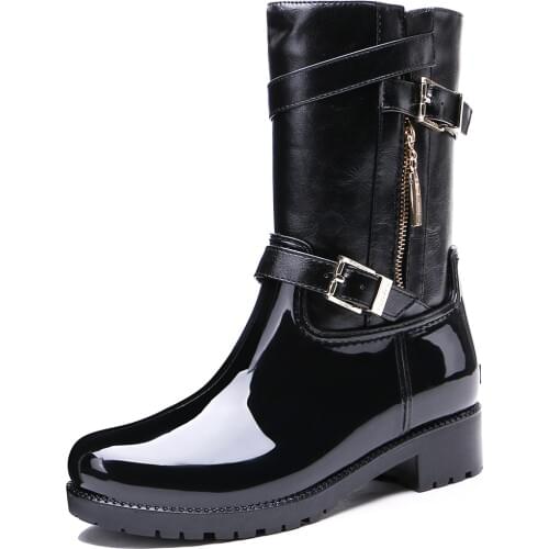 TONGPU Womens Short Fashion Rain Boots with Zipper and Buckle 20-278