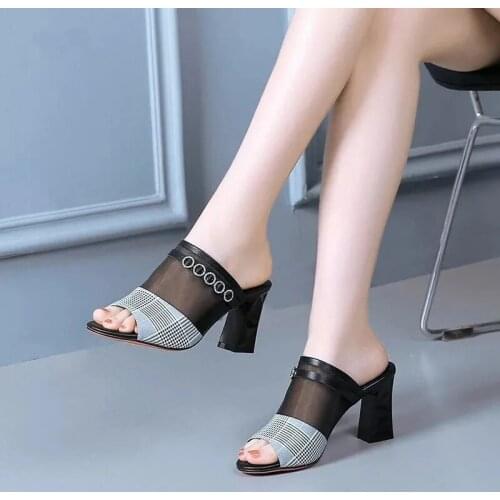 2021 summer new fish mouth mesh sandals womens outer wear rhinestone high-heeled thick heel sandals and slippers women