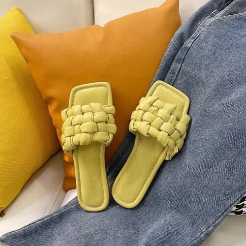 New Fashion Weave Slippers Women Square Toe Flat Casual Shoes Ladies Slide 2021 Summer Female Beach Sandal Slipper Big size