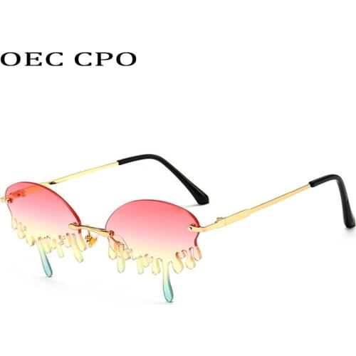 OEC CPO Unique Rimless Tears Sunglasses Women Punk Irregular Colorful Sun Glasses Female Candy Color Pink Yellow Party Shades