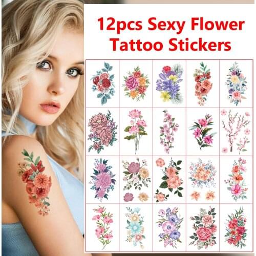 12pcs Sexy Flower Temporary Tattoo Stickers for Women Girls Waterproof Arm Leg Waist Chest Back Rose Flash Fake Tattoos