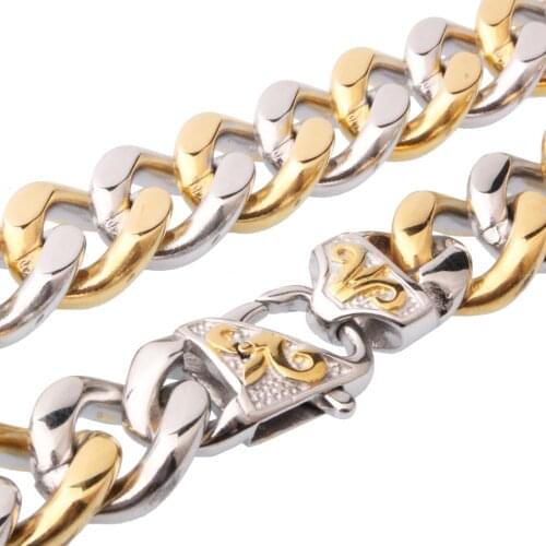 13/15mm Trendy 316L Stainless Steel High Quality Gold Tone Cut Cuban Curb Chain Mens Women Necklace Or Bracelet Jewelry 7"-40"