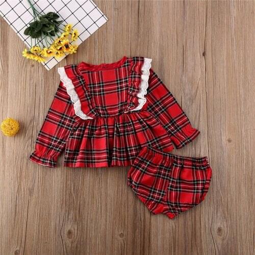 Free shipping Newborn Toddler Baby Girls Clothes Lace Button Geometry round neck long sleeve Tops plaid shorts 2pc kids Outfits