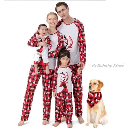2021 Christmas Pajamas Family Set with Dog Deer Plaid Santa Christmas Tree Sleepwear Top+Pant Mother Daughter Father Son Outfits