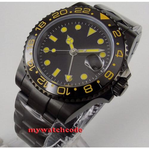 40mm Bliger black dial PVD GMT ceramic sapphire crystal automatic SS mens watch