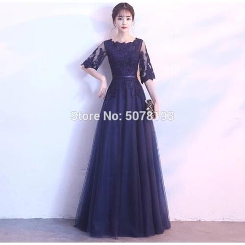 91610 elegant navy boat-neck half-sleeves natural A-line floor-length tulle long evening dresses/formal gowns applique&belt