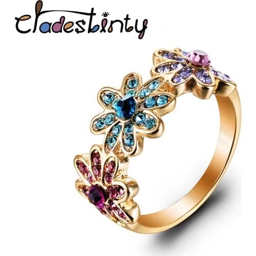 Chadestinty Women Ring Gold Color Floral Jewelry Colorful Crystal Flower Finger Rings Party Clothing Accessories anelli donna
