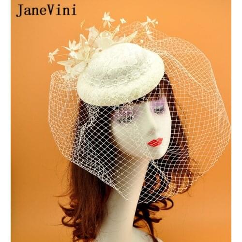 JaneVini Elegant Ivory Wedding Bride Hat Facinators for Women Flowers Beaded Lace Princess Hat Handmade Prom Party Accessories