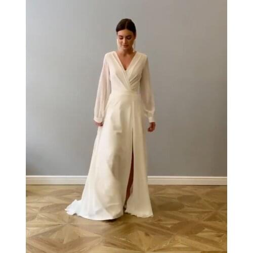 Elegant Long Sleeve High Slit Formal Dresses A Line Chiffon Modest Simple Evening Dresses V Neck With Zipper Back Robe De Mariee