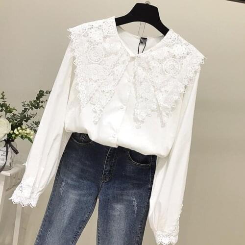 Lace Patchwork Cotton Women White Shirts Summer New 2021 Turn-Down Collar Long-Sleeved Loose Casual Female Outwear Tops