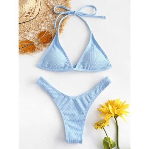 TELOTUNY Womens swimsuits Women Sexy Solid Push Up High Cut Lace Up Halter Bikini Set Two Piece Swimsuit Brazilian Bikini 2021