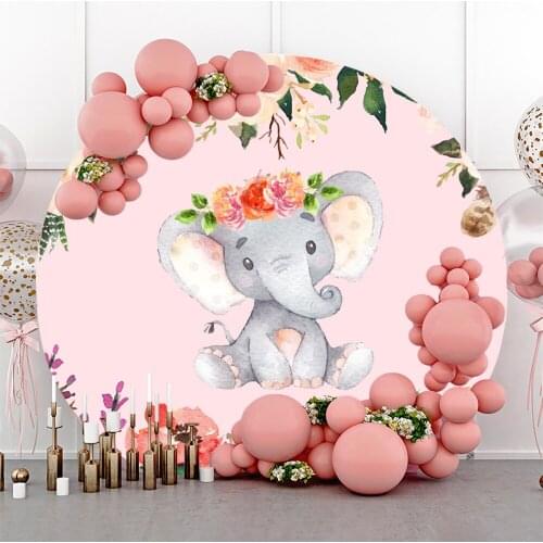 Laeacco Pink Elephant Girl Shower Decor Round Circle Photography Backdrop Green Plant Portrait Customize Poster Photo Background