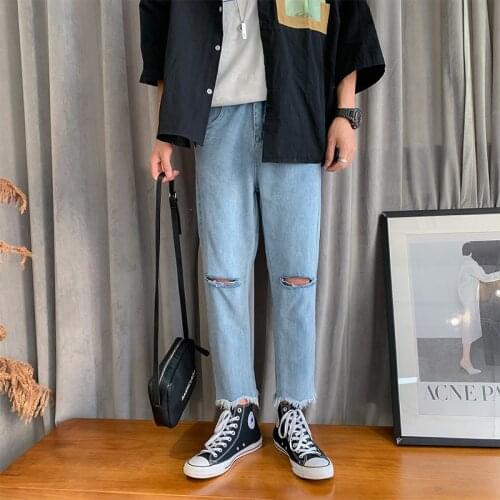 Summer 2020 Denim ripped jeans Korean trendy slim cropped trousers boys beggar pants straight leg jeans rotten feet trousers