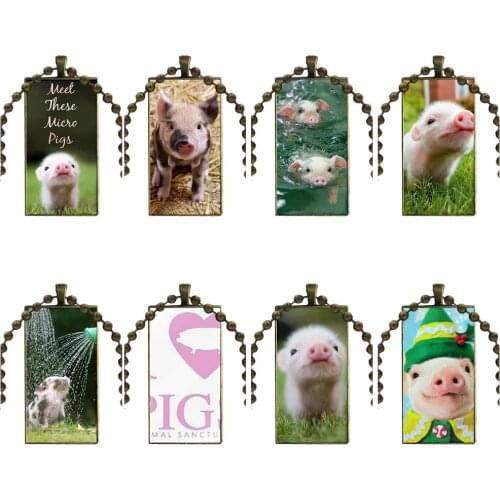 Cute Baby Pig Piglet For Women Gift Vintage Jewelry Bronze Color Glass Cabochon Choker Pendant Long Rectangle Necklace