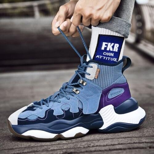 Mens Shoes Thick Bottom Sneakers High Top Running Shoes Male Leather Mesh Socks Trainers High Quality Casual Sport Shoes Basket
