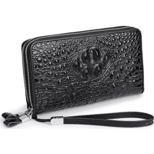Crocodile Pattern Mens Wallet Genuine Leather Clutch Double Zipper Wallet Card Holder Wrist Bag Cowhide Handbag Mens Bag Purse